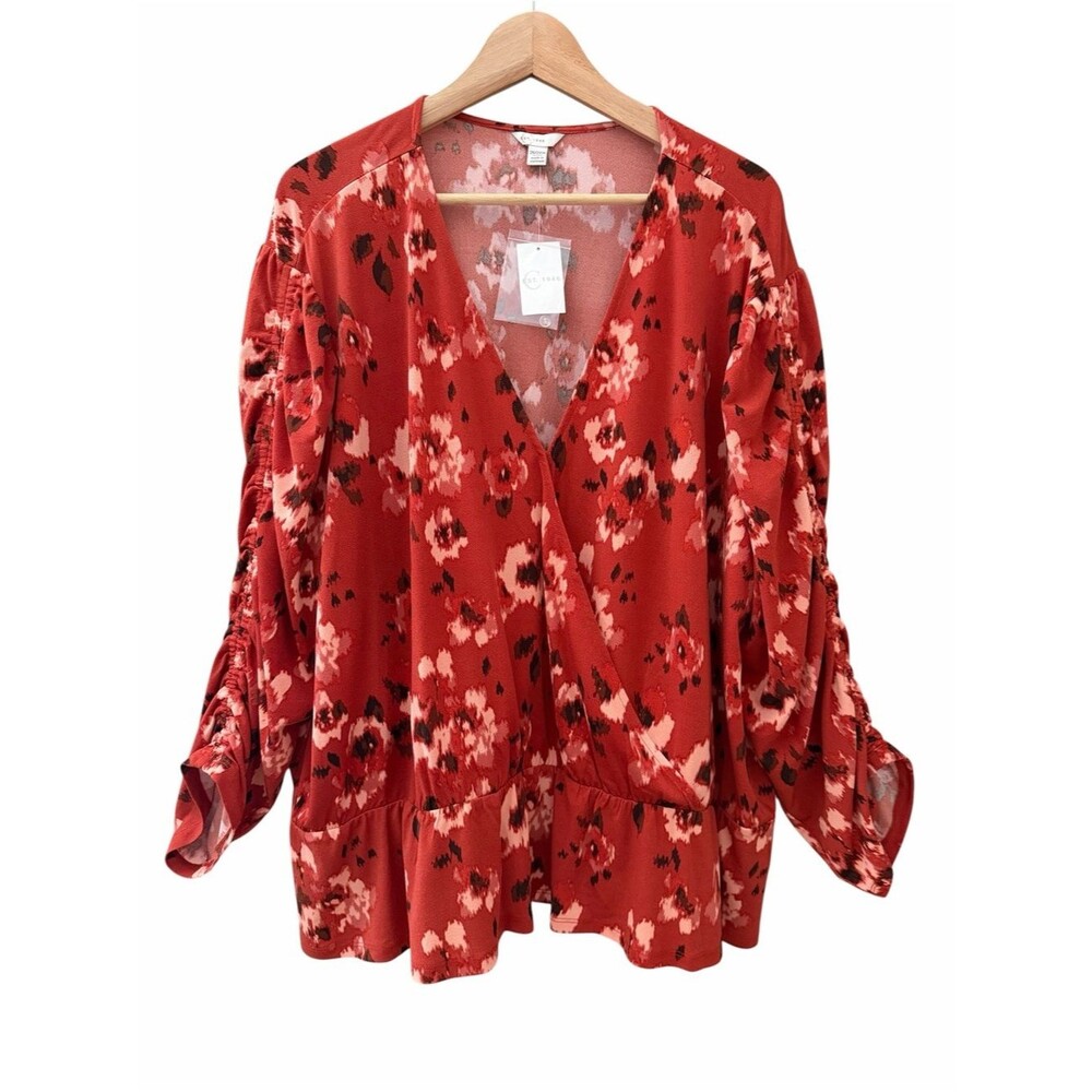 C Est 1946 Rust Floral Faux Wrap Top V Neck Ruched Slv Women Sz 26/28W Stretchy